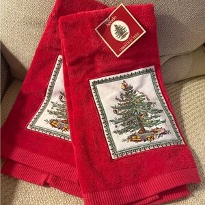 Christmas Towels Spode Set of 2 Red Kitchen Appliqued Christmas Tree NWT